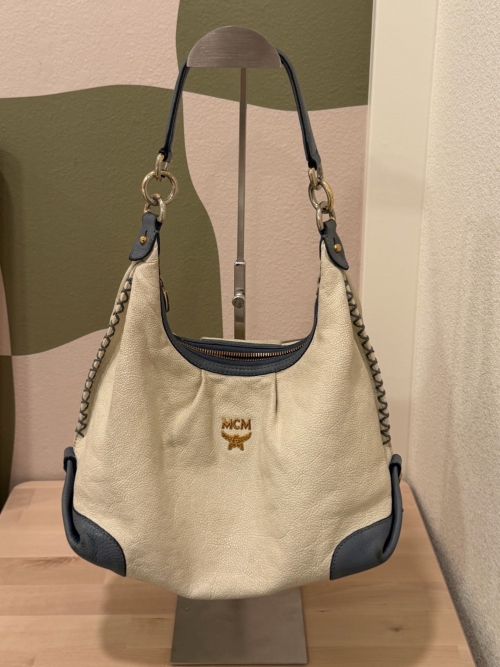 MCM Cream Leather Shoulder Bag with Navy Trim